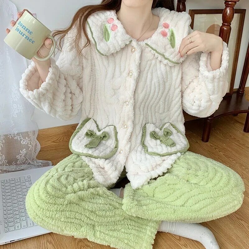 2024 New Autumn Winter Pajama Women Coral Velvet Loungewear Thickening Plushing Warm Sleepwear Long Sleeve Flannel Homewear Suit