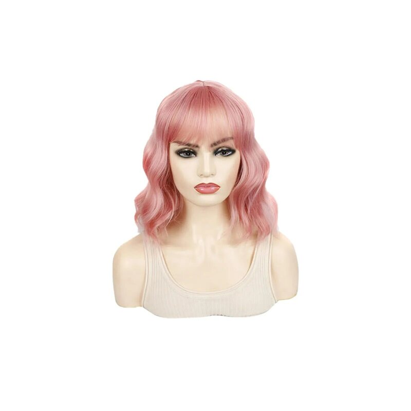 Wig untuk wanita dengan rambut pendek modis rambut keriting merah muda mengurangi usia gelombang simulasi penutup kepala sutra suhu tinggi