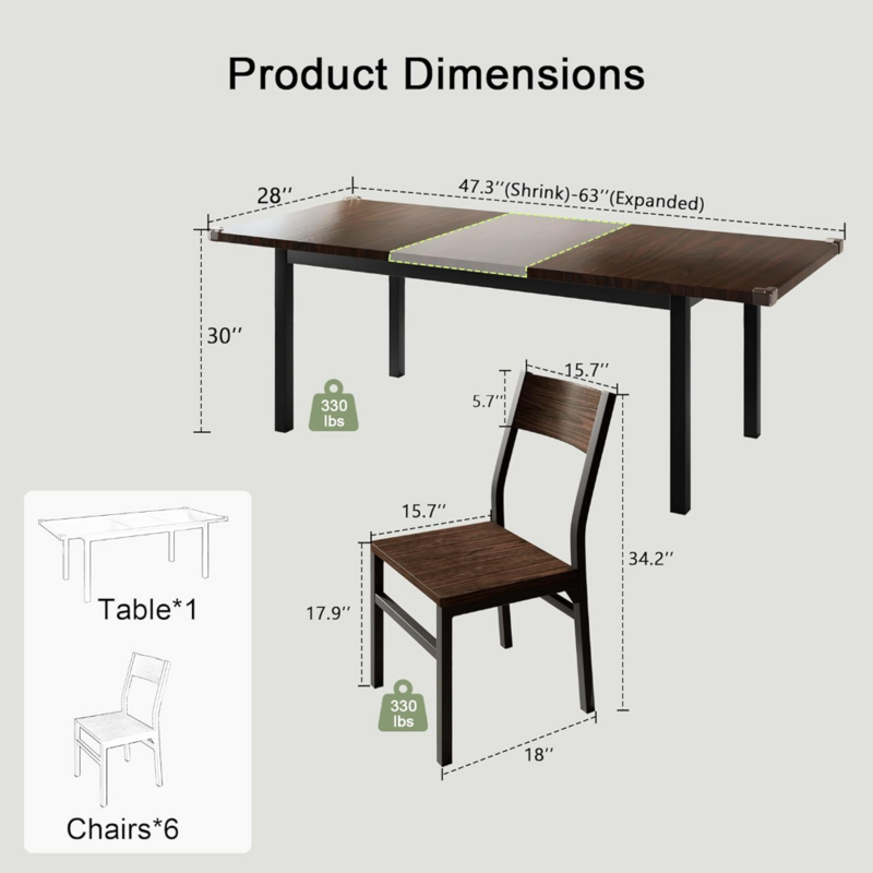 Feonase 63 "Set meja dapur, dengan 6 kursi, 7 buah dapat diperpanjang untuk 4-6, pertengahan abad makan Modern
