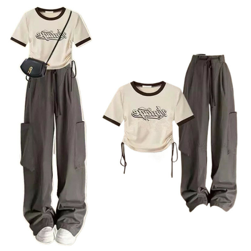 Женский комплект из двух предметов, короткая футболка на плечо в американском стиле ретро и модные рабочие брюки с высокой талией в стиле хип-хоп, весна-лето