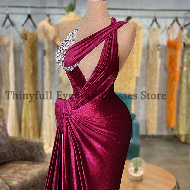 Thinyfull 2023 sereia vestidos de baile um ombro beadings veludo vestido de noite arábia saudita dubai cocktail vestidos de festa plus size