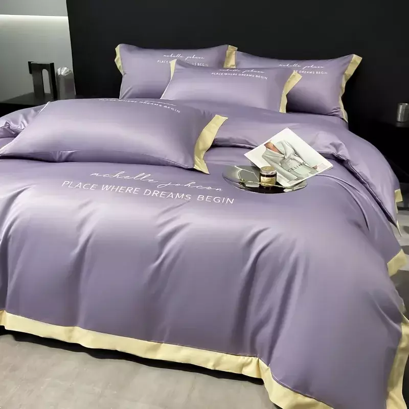 Embroidery Bedding set Egyptian cotton 600TC quilt cover soft duvet cover Luxury flat/fitted bed sheet pillowcases