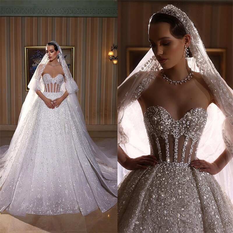Glitter Ball Gowns Luxury Bling paillettes Beads abito da sposa da chiesa con maniche staccabili Custom Made Lace Up Back Vestido