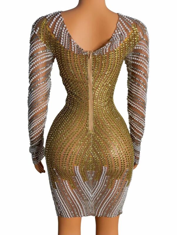 Customized Gauze Hollow Out Lace Pearl Transparent High Elastic Sequins Sexy Tight Dress Birthday Party  Dress Performance Dress