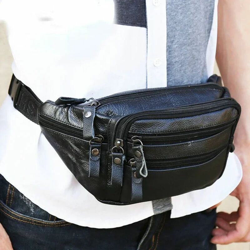 Bolsa de cintura de couro PU impermeável masculina, bolsa telefônica de várias camadas, zíper de grande capacidade, bolsa, na moda