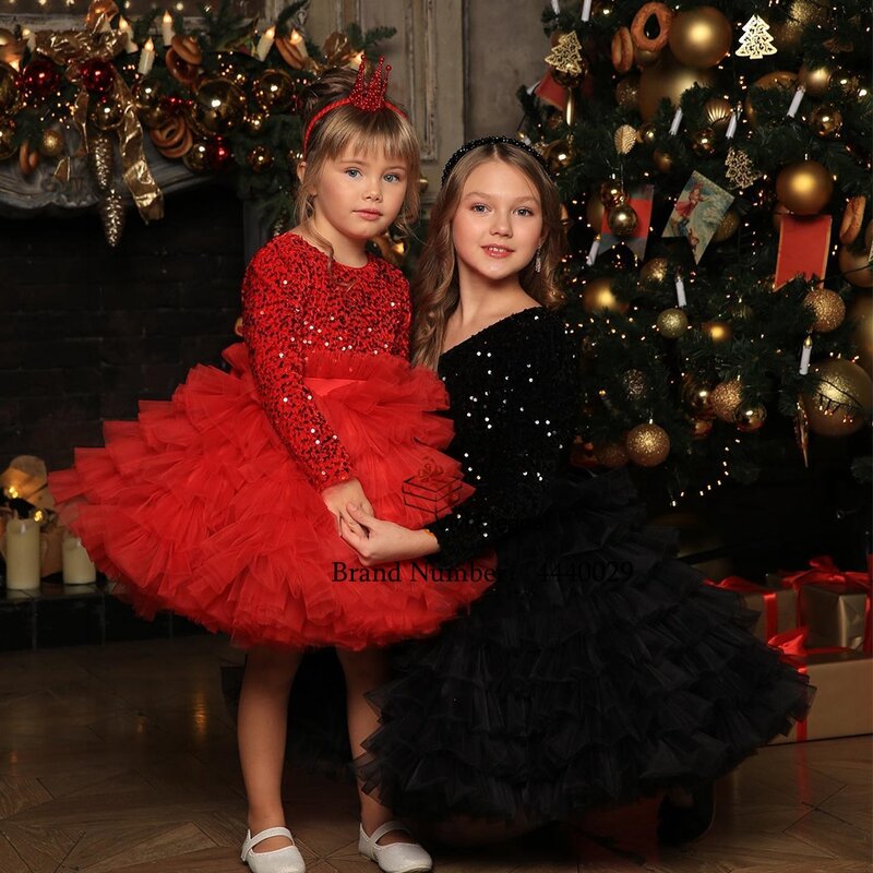 Бордовые Платья с цветочным рисунком для девочек на Рождество 2023, мягкая фатиновая юбка с блестками, новинка, полный рукав, فبنغاغاغاغا