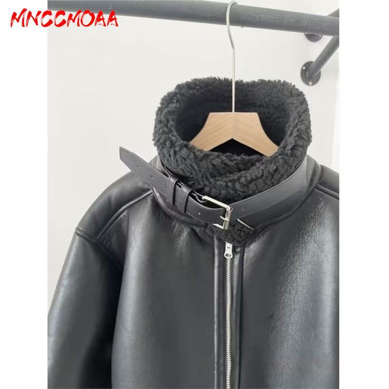 MNCCMOAA-Jaqueta de couro falso feminina, casaco de manga comprida, gola solta com fecho, outwear quente, moda casual, inverno, 2024