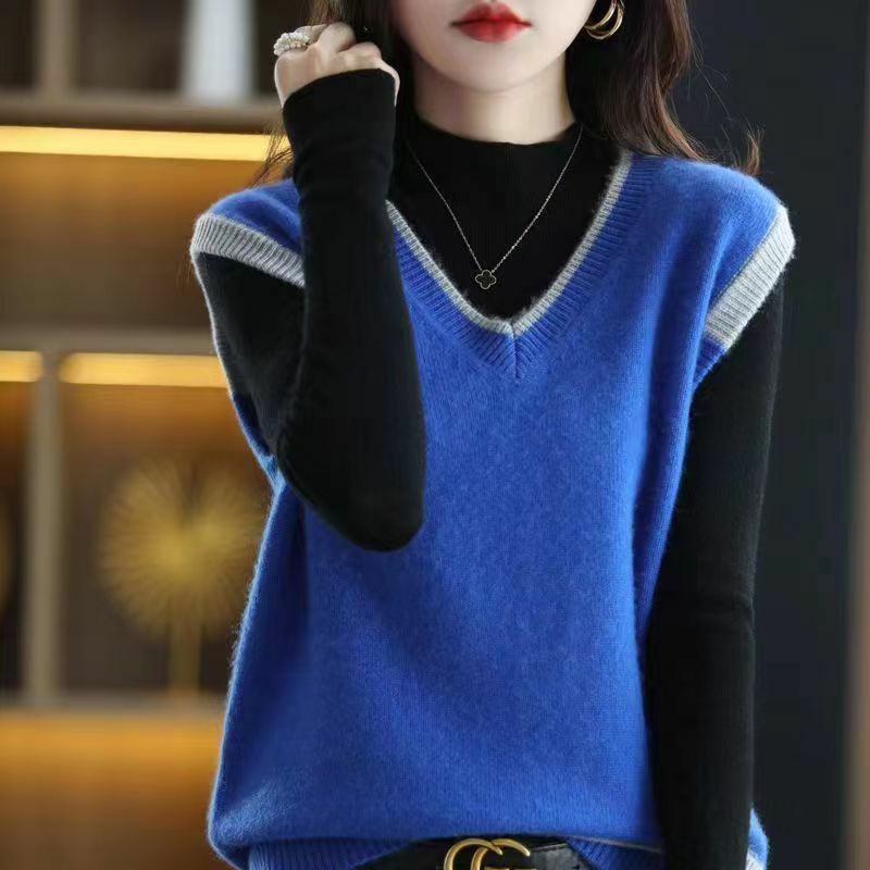 Suéter de estilo coreano para mujer, chaleco elegante a la moda, ropa de calle que combina con todo, ropa femenina de ocio, Jersey de punto con cuello en V