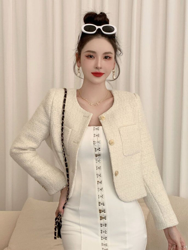 Jaqueta feminina recortada de tweed, casaco de lã, roupa de peito único, casaco luxuoso, fragrância pequena, moda coreana, primavera, outono