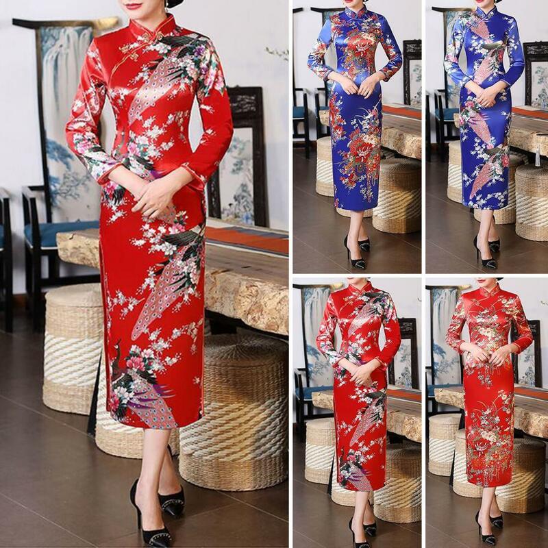 Gaun Cheongsam gaya Cina, gaun Cheongsam cetakan bunga gaya nasional Tiongkok elegan dengan kerah berdiri untuk musim panas untuk wanita