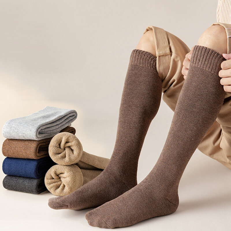 Chaussettes en laine épaissie pour hommes d'hiver à jambe longue EU38-45, chaussettes hautes de serviette de compression thermique chaude, chaussettes de neige confortables et chaudes