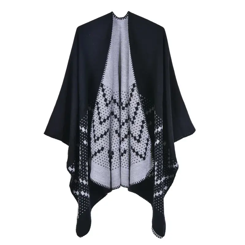 2024 New Autumn  Winter Warm Shawl Women's Travel Imitation Cashmere Fork Thickened Cloak Ponchos Black