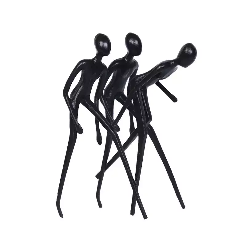 Nordic Metal Black Abstract Three People Running Sculpture Character Ornament Study Desktop Decoration Home Decor Accessories