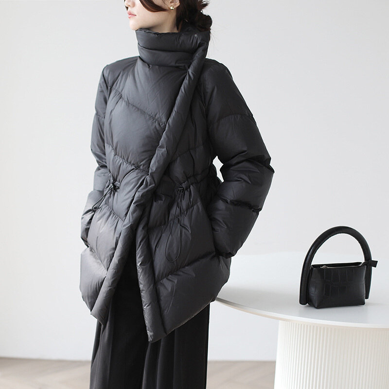 Casaco feminino com colarinho polo de comprimento médio, casaco quente de inverno, grande, cintura irregular, estilo estrangeiro, 2023