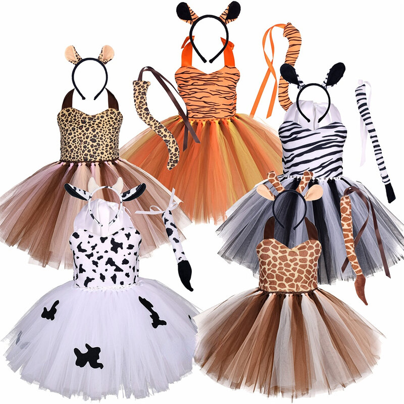 Kostum Cosplay Hewan Halloween Anak Perempuan Gaun Tutu Gambar Cetak Zebra Macan Tutul Sapi Jerapah Tema Hutan Anak-anak Pesta Ulang Tahun