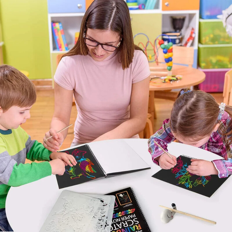 قوس قزح ماجيك خدش قبالة ورقة مجموعة للأطفال ، الفنون كشط اللوحة لعبة ، DIY بها بنفسك الكتابة على الجدران كتاب ، مونتيسوري ألعاب تعليمية
