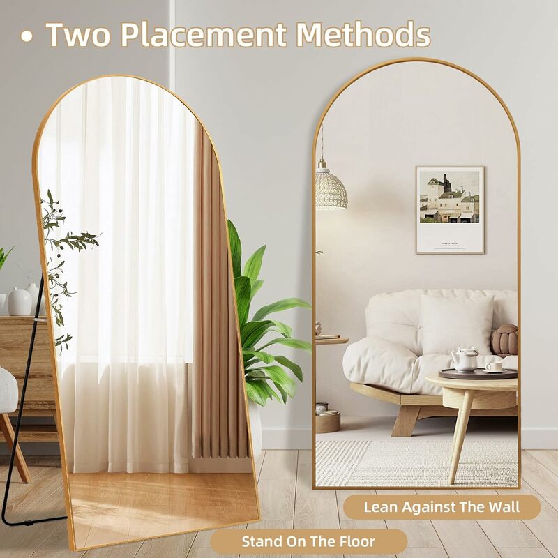 Miroir de sol respirant pleine longueur arqué avec support, corps en aluminium doré, miroir complet pour chambre à coucher, 71x32