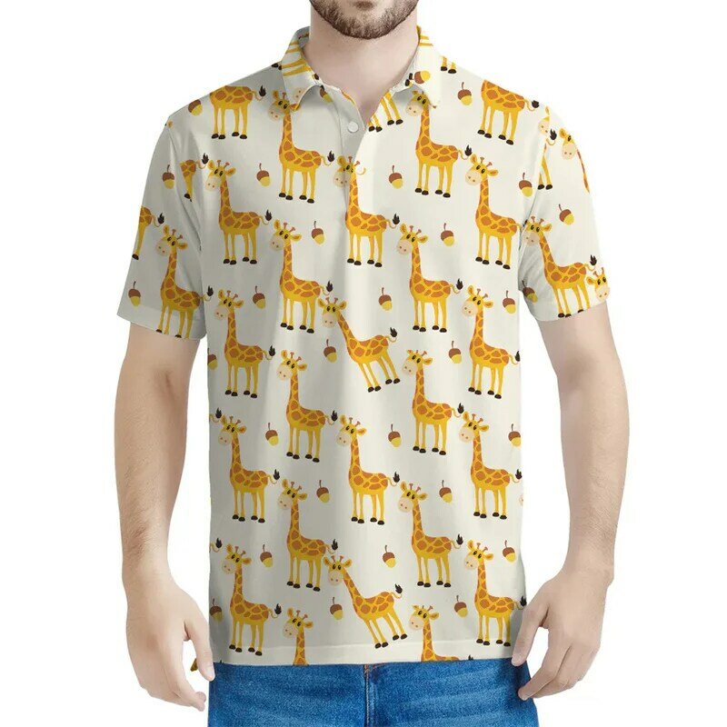 Kaos Polo pola jerapah kartun pria, baju kaos hewan cetak 3D kasual ukuran besar dengan kancing Lapel lengan pendek