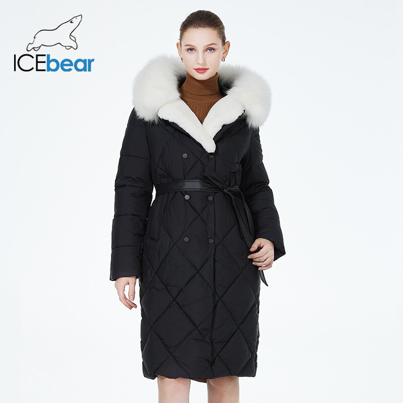 ICEbear-abrigo largo con capucha de piel para mujer, chaqueta de lujo con cinturón, parkas acolchadas cálidas a prueba de viento, GWD3925I, 2023