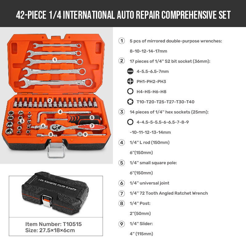 Hi-Spec General 42Pcs Kit di riparazione automatica 1/4 Set di utensili manuali per riparazione domestica Set di chiavi a bussola 72T punta per cacciavite a cricchetto con custodia