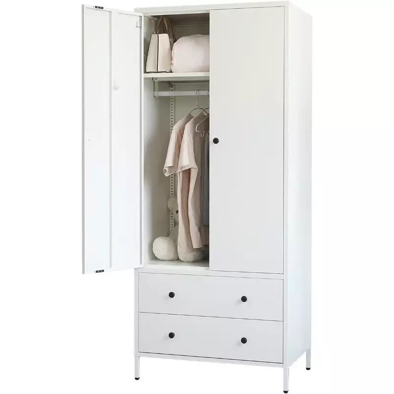 Metal Armoires and Wardrobes With Two Drawers Home Furniture Wardrobe Closet Adjustable Hanging Rod 20" D*31.5" W*74" H - White