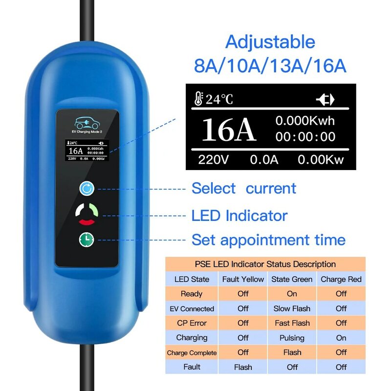 Mobile EV Charger 16A 11KW Type 2 IEC-62169 Plug Adjust Current Timer Charging For Hybrid Eletric Vehicle Cars 5M Cable