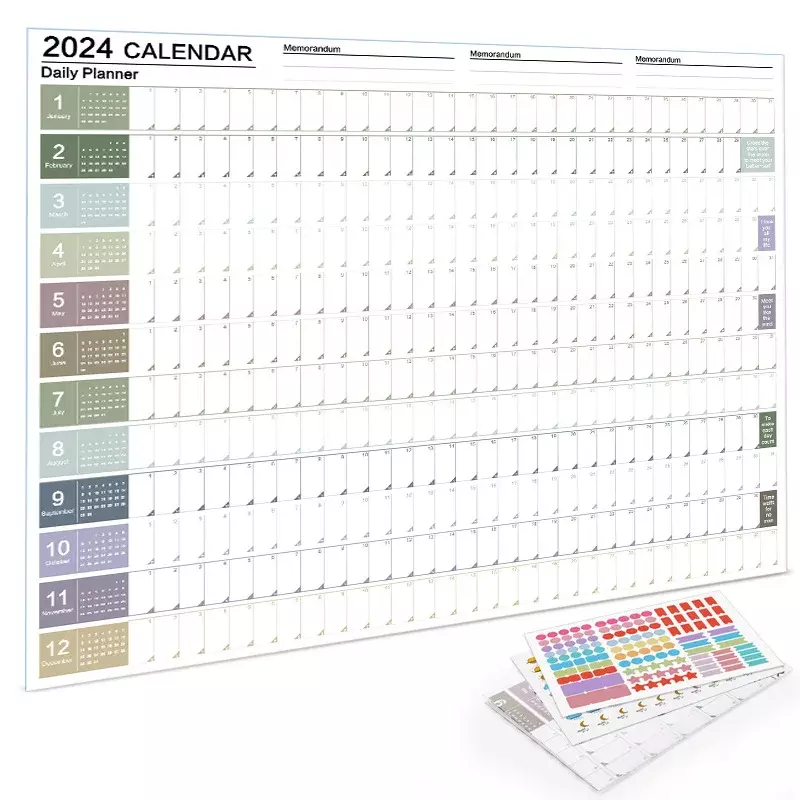 Hoja de Planificador de calendario de pared grande, Kawaii para hacer lista, planificador anual, lista de objetivos, organizador de horarios, suministros de oficina, 2024