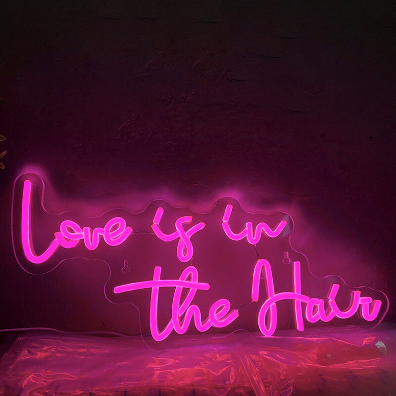 Enseigne au néon LED Love Is In The Hair, décoration de chambre, lumières de lettre pour salon de coiffure, chambre à coucher, fête de mariage, USB, applique murale