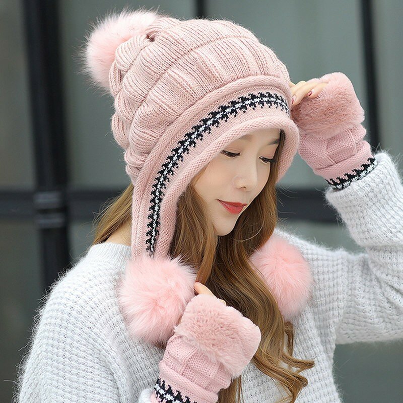 Topi rajut wanita, sarung tangan Set hangat bola bulu rajut Dekorasi mode lucu 2 potong untuk musim dingin