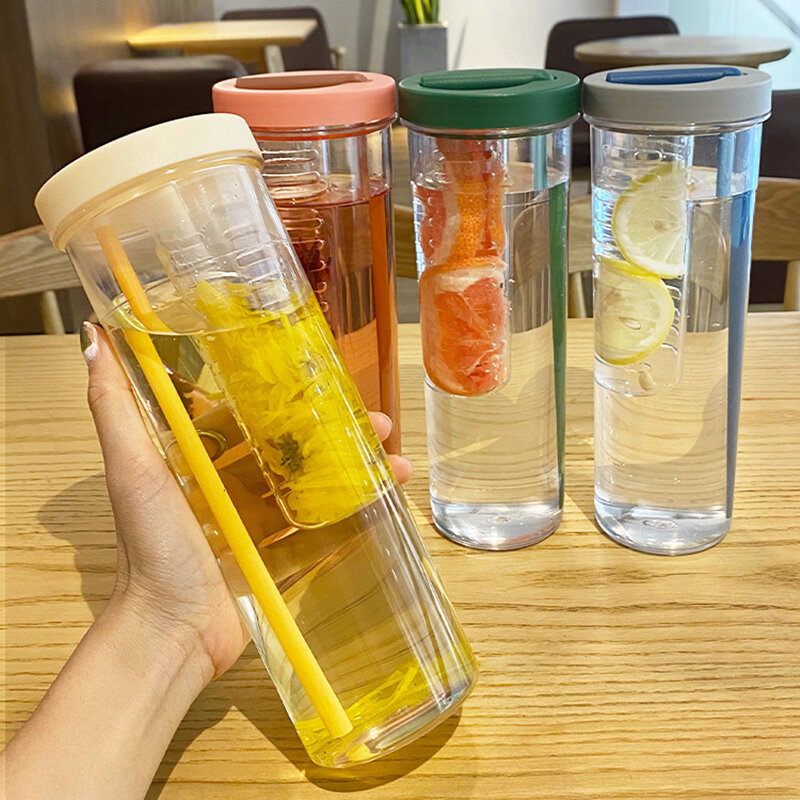 زجاجة مياه بلاستيكية شفافة محمولة مع ماصة ، كوب عصير شاي ، لياقة بدنية ، رياضة ، أنشطة خارجية ، سفر ، 1 *