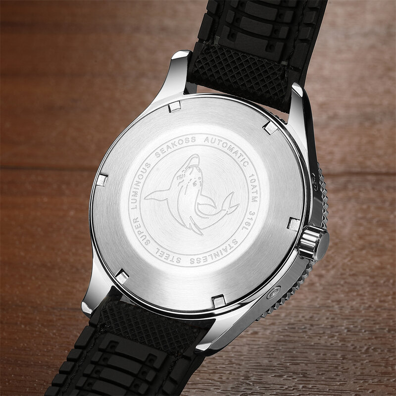SEAKOSS 남성용 완전 자동 무브먼트 기계식 시계, 1963 년 월 24 시간 디스플레이, FKM 스트랩, 슈퍼 루미너스 다이빙 손목시계