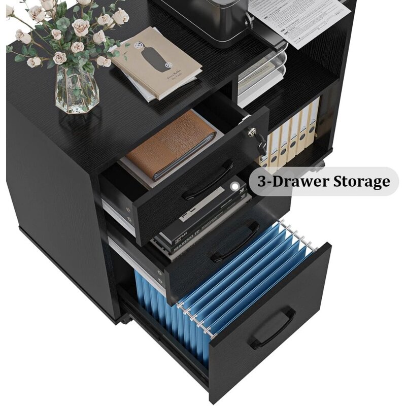 Armário de arquivo do escritório com prateleira de armazenamento aberto, arquivamento do armário, lateral móvel, suporte da impressora, 3 gavetas