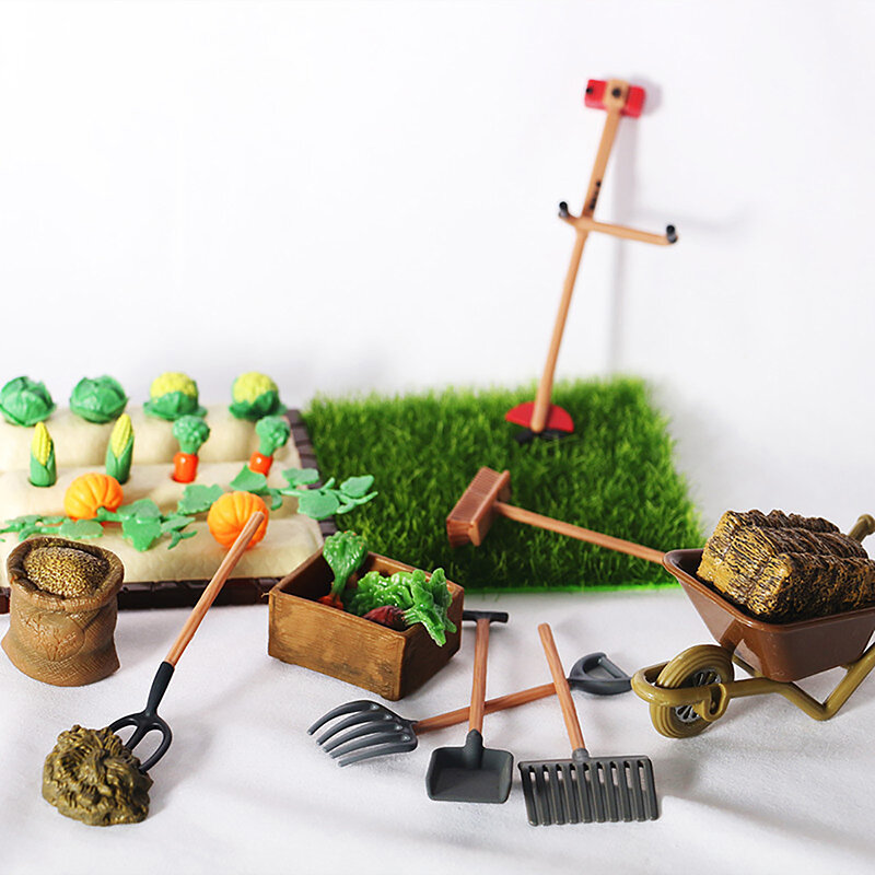 1Set Dollhouse Miniature Farm Tool giardinaggio pala rastrello tosaerba modello vegetale strumento di scena per piantare all'aperto