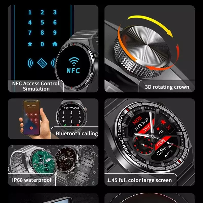 H4 Max Smartwatch com tela grande para homens, rastreador esportivo, chamada bluetooth, nfc, relógio de pulso comercial, carregamento sem fio, 1.45"