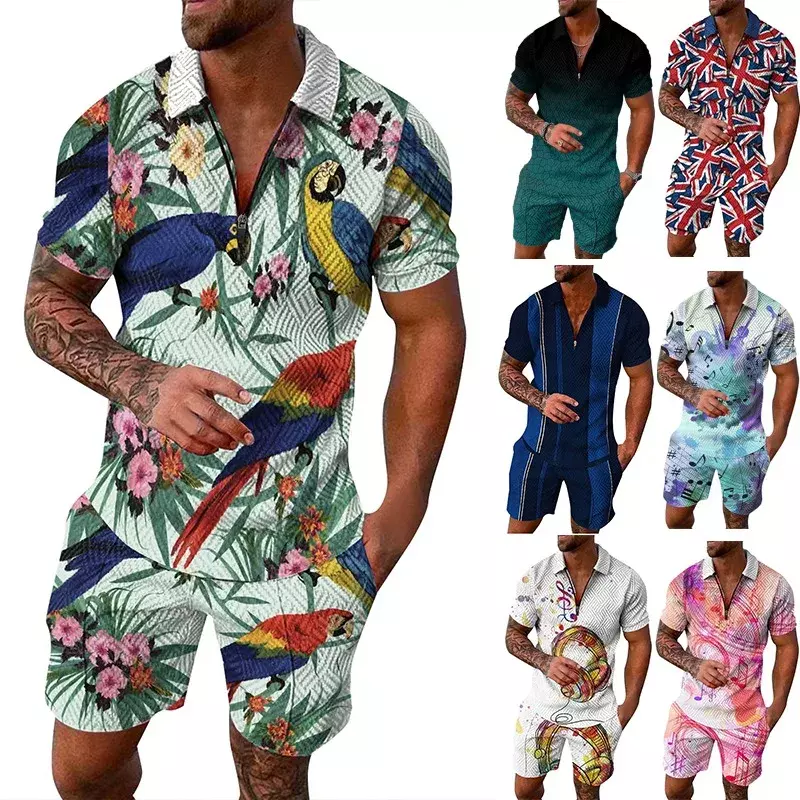 Sommer Herren V-Ausschnitt Hawaii T-Shirt Mode druck Revers Polos hirt Kurzarm Shorts Anzug Strand party Freizeit anzug