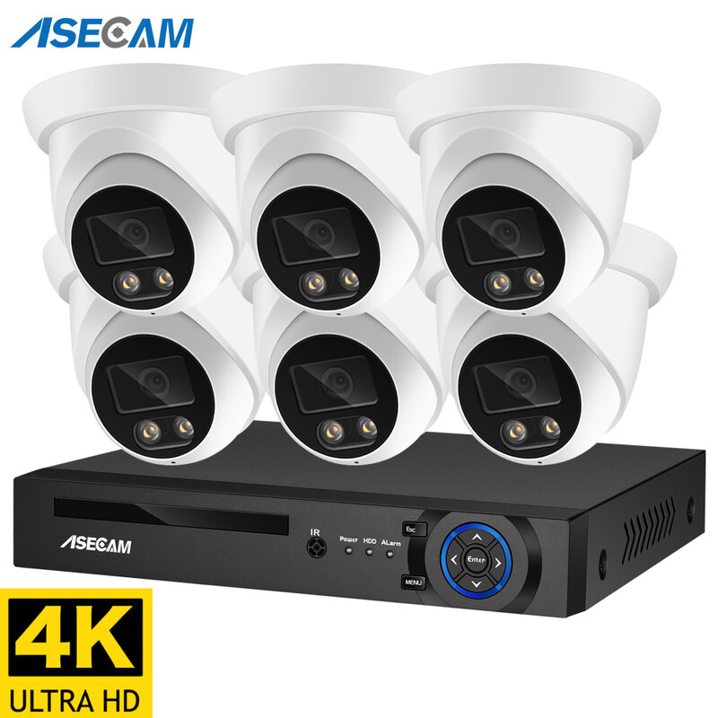 ASECAM kamera keamanan, sistem kamera keamanan 8MP 4K POE NVR Kit Audio CCTV luar ruangan warna AI penglihatan malam Video rumah kamera pengawas