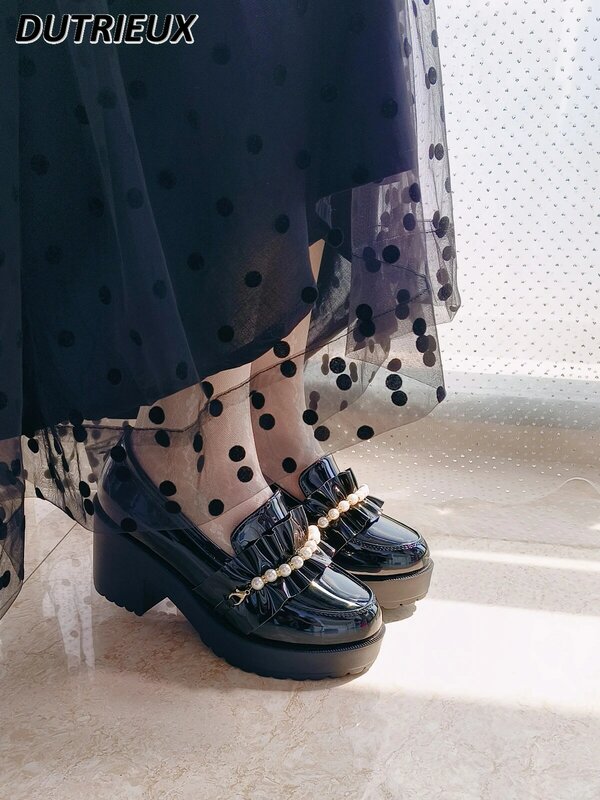 Pantofel kulit paten renda mutiara manis milik saya gaya Jepang sepatu Platform hak Chunky musim panas JK Mary Jane
