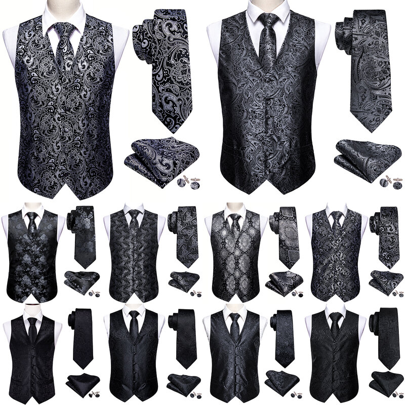 Elegant Mens's Vest Silk Black Silver Pasley Floral Dress Suit Waistcoat Tie Bowtie Set Sleeveless Jacket Formal Barry Wang