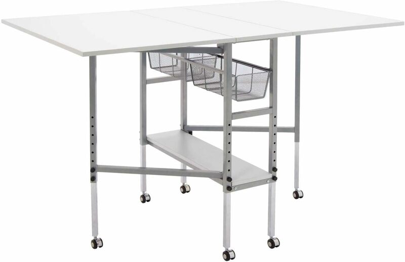Sew Ready Hobby and Cutting Table - 58.75" W x 36.5" D White Arts and Crafts Table with 2 Mesh Storage Drawers, Silver/White