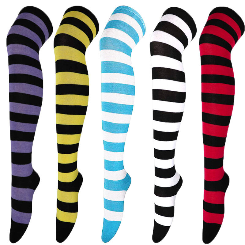 日本の縞模様のストッキング,膝上,女性用,暖かいストッキング,セクシー,スリム,ロング,黒,白のストライプ