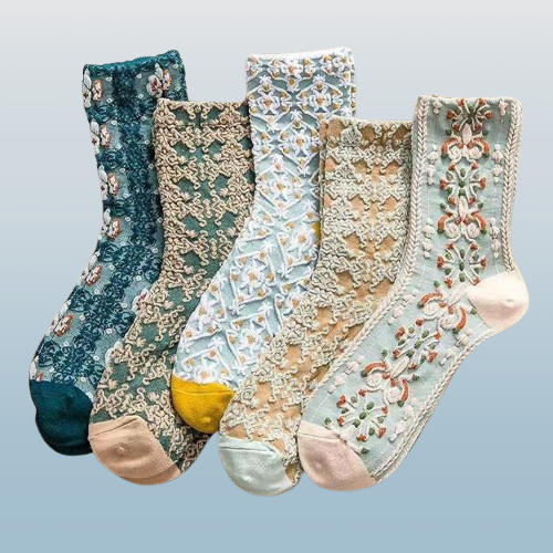 Calcetines de tubo medio con relieve tridimensional para mujer, medias Retro de estilo Palacio, florales, literarias, 5/10 pares