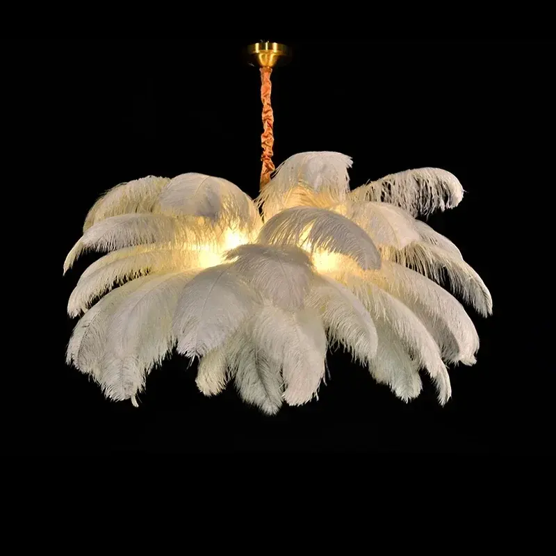 โคมไฟระย้า Led ขนนกกระจอกเทศสไตล์นอร์ดิกโคมไฟขนนกสำหรับห้องนั่งเล่นห้องนอนของตกแต่งบ้านโคมไฟแขวนในร่ม