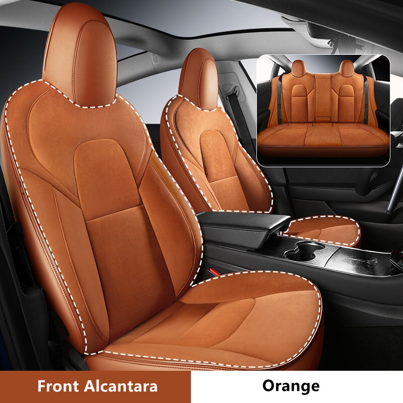 Funda de asiento de Alcantara de coche de ajuste personalizado para Tesla modelo Y 3, accesorios de coche específicos para Tesla cubierta completa para 5 asientos naranja