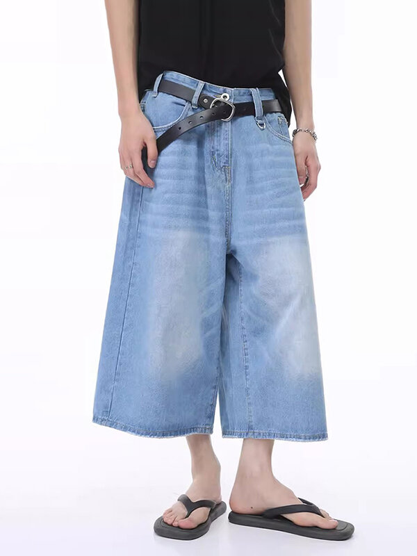 شعيرات زرقاء عتيقة من REDDACHIC جينز فضفاض للرجال ، بنطال واسع الساق ، شورت جينز غير رسمي كبير الحجم ، ملابس الشارع الكورية ، Y2K