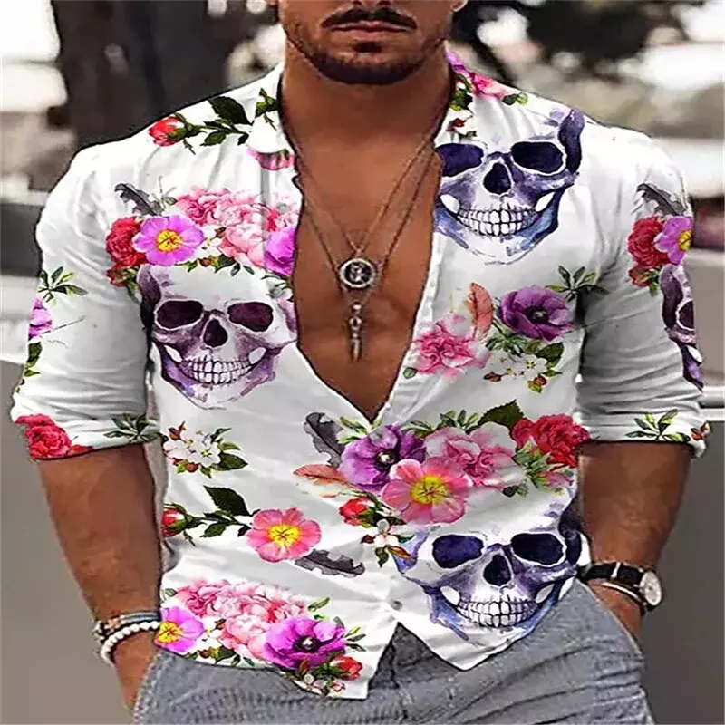 Camisa de manga larga con solapa para hombre, camisa informal de alta calidad con calavera Floral y llama, a la moda, para exteriores, primavera y verano, novedad de 2023