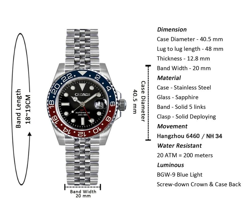 Cronos GMT Relógio Automático Masculino, Pulseira de Metal Sólido, Bisel Bidirecional, Sapphire, BGW-9, Lum, 20 ATM, NH34, 5 Links