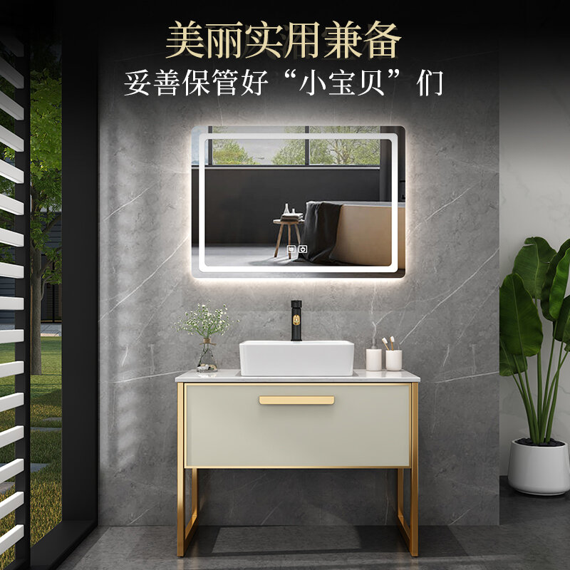 Armario de baño de lujo con luz nórdica, soporte de suelo de Hotel, lavabo de mármol personalizado