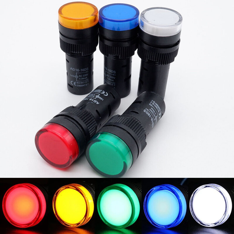Luz indicadora LED com sinal de instalação, luz indicadora de plástico, vermelho, amarelo, azul, branco, painel verde, 12V, 220V, 22mm, AD16-22DS