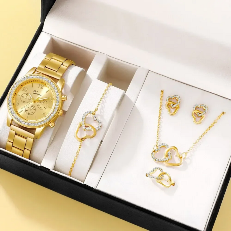 6 Stück Set Mode Armbanduhr lässig Damen Armbanduhren Roségold Luxus uhr Frauen Ring Halskette Ohrring Strass