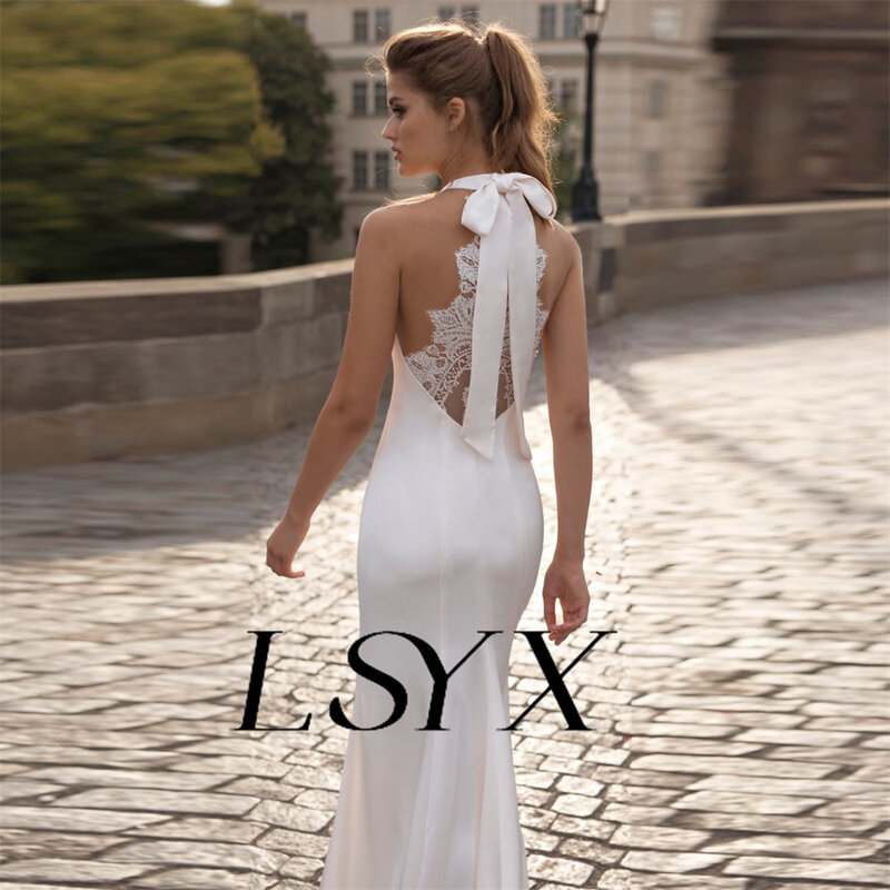 LSYX-Vestido de Noiva Sem Mangas Crepe Lace Sereia, Vestido De Noiva Elegante, Costas Simples, Até O Chão, Custom Made, Halter